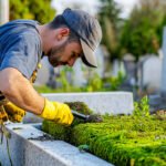 Cleaning- moss scraping on headstone