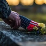 Folded flag held with white roses