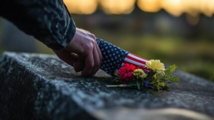 Folded flag held with white roses