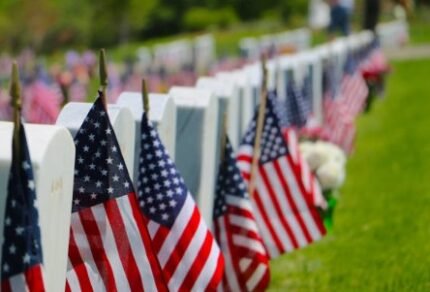 Row of flags at military headstones