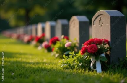 Row of flowers- red roses  at headstone markers