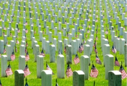 Rows of military headstones with single flags