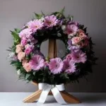 Pink rose wreath on stand with ribbon